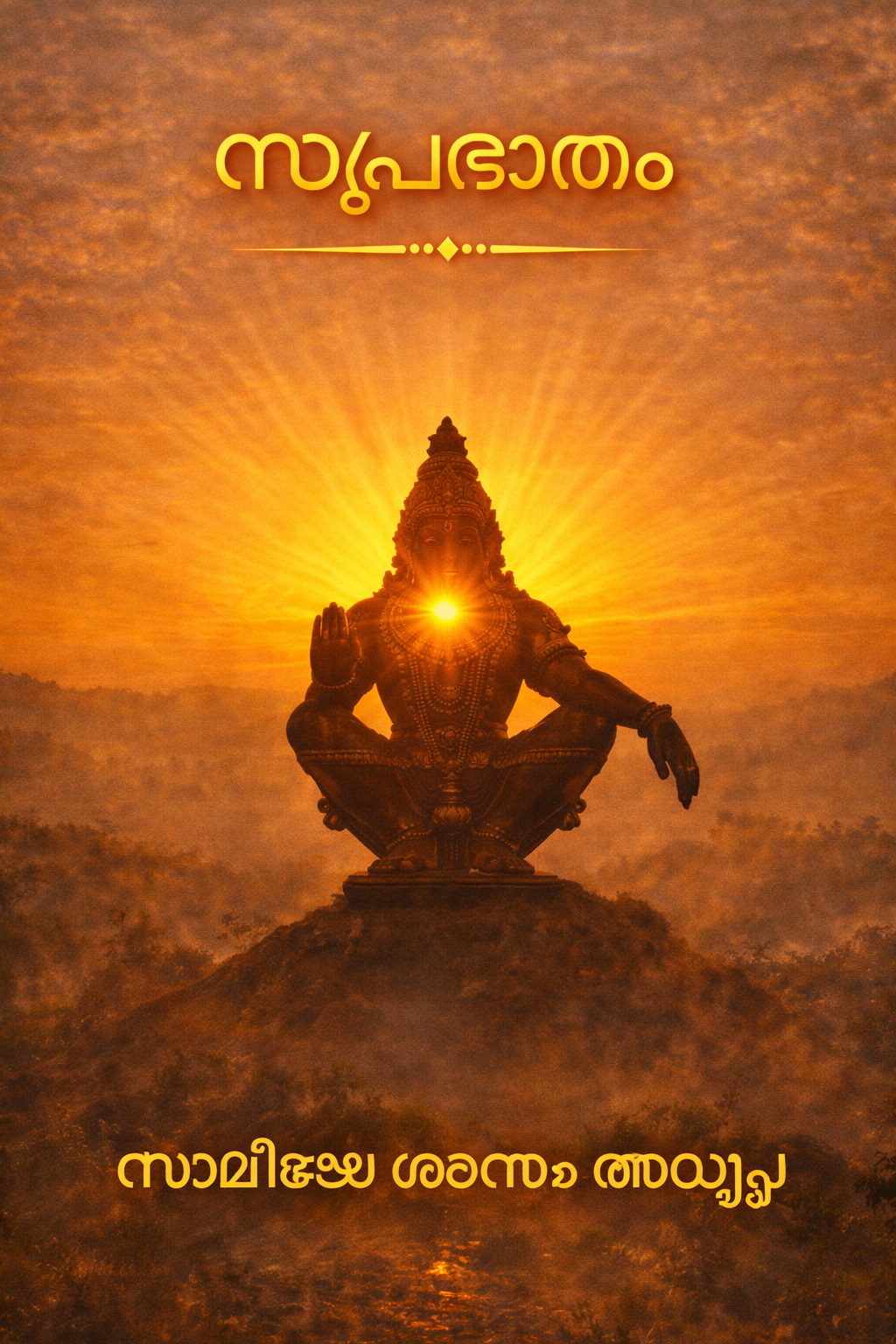 Suprabhatham Malayalam good morning — Lord Ayyappa silhouette at sunrise on hilltop, Swamiye Sharanam Ayyappa text — vertical WhatsApp image